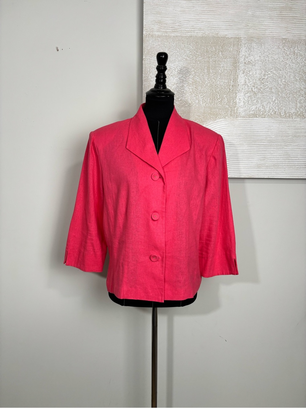 Vintage Sag Harbor 16 Petite Pink Linen Blend 3/4 Sleeve Blazer Shoulder Pads